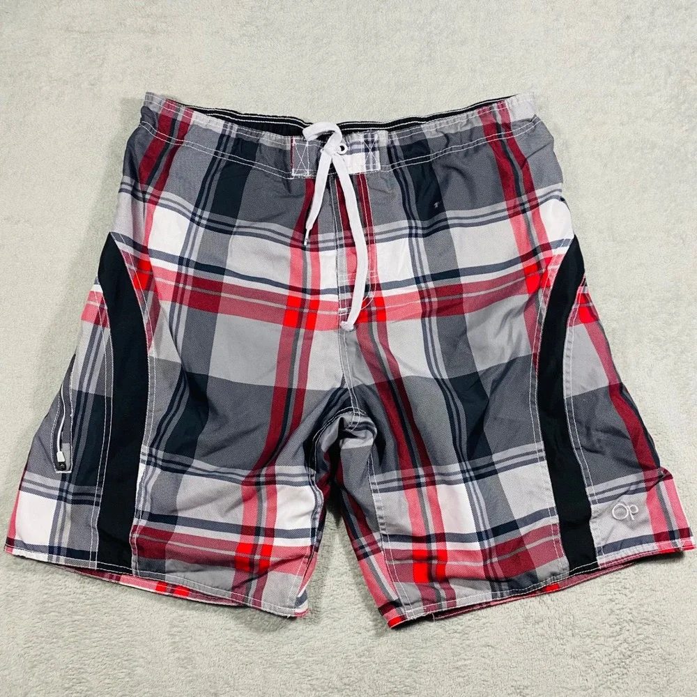 Ocean Pacific Swim Trunks Mens XL Grey Red Plaid Board‎ Shorts OM23223Y